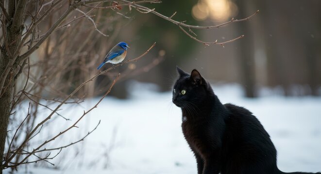 Intrigued cat watching a brilliant bluebird perched on a bare winter branch