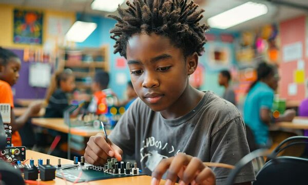 Focused student engrossed in electronics project