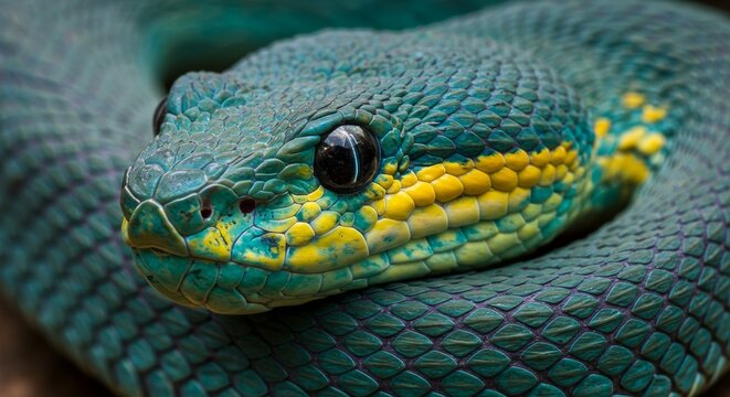 Enchanting close-up of a viper snake head with vibrant teal and golden scales - Powered by Adobe