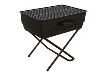 Compact black metal barbecue grill with folding legs, sitting ready for outdoor grilling during camping or picnic adventures
