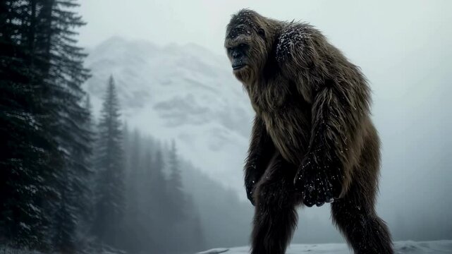 Bigfoot in Snowy Mountain Landscape - Cryptid Legend in Winter Wilderness