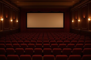Fototapeta premium Cinema audience viewing blank white screen in movie theater for film presentation and entertainment industry mockup