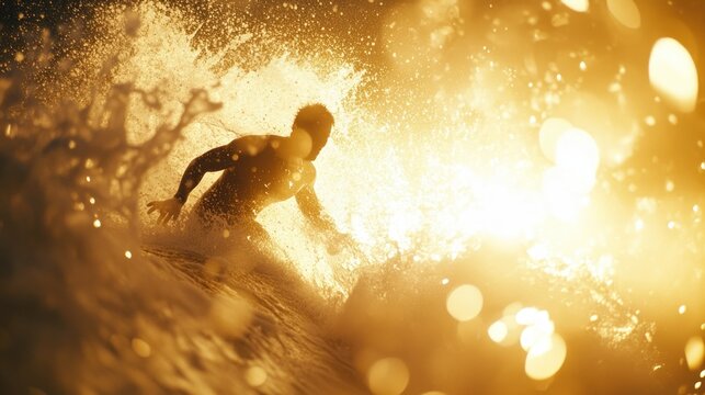 A surfer riding a wave with golden sunlight in the background