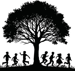 black Silhouette of kids playing and running with autumn trees vector in white background