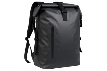 Stylish gray roll top backpack isolated on transparent background, perfect for urban commuting and outdoor adventures