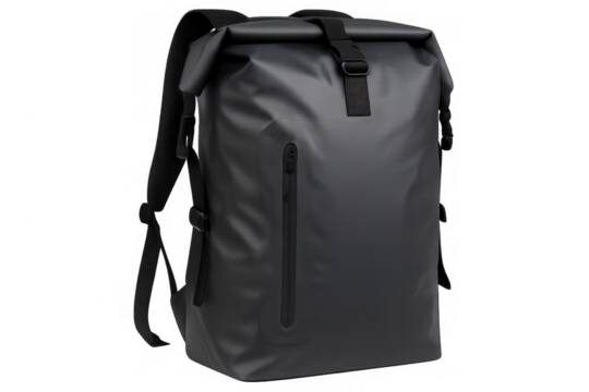 Stylish gray roll top backpack isolated on transparent background, perfect for urban commuting and outdoor adventures