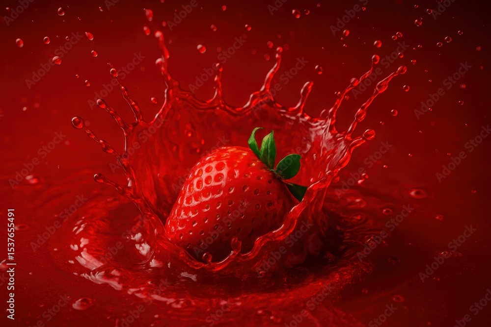 Poster fresh strawberry splashing in juice with dynamic motion capturing vibrant red fruit and liquid dropl