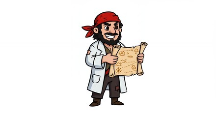 Cartoon pirate scientist character with map