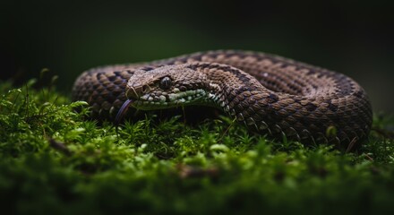 Fototapeta premium Close-Up of a Viper Snake Resting on Moss in Woodland Environment
