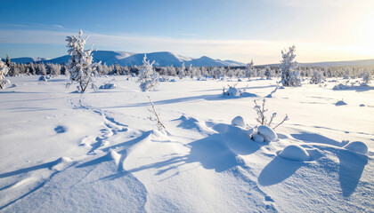 Frozen Nordic wilderness during winter with snow-covered plains, distant hills, pale cold light, and isolated quiet beauty of the Arctic tundra landscape