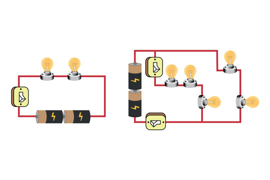 Series and parallel electrical circuits. Parallel circuit, Series circuit, basic electric circuits experiment vector. Kirchhoff voltage law. series and parallel circuits with Batter and light bulb