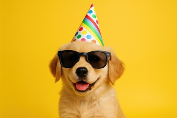 Adorable golden retriever puppy wearing festive party hat and trendy sunglasses against bright cheerful yellow background