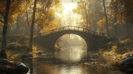 Autumn Serenity: Stone Bridge over a Reflective Stream