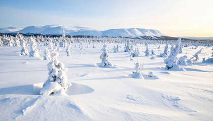 Vast Nordic tundra covered in snow with frozen trees and distant icy hills, pale winter sun in the sky, cold atmospheric light and quiet natural landscape