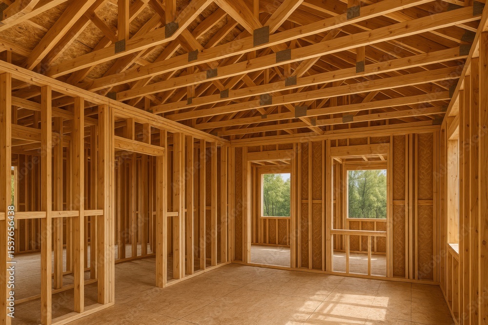 Poster new construction home showing wooden frame structure with precise carpentry work and building materi