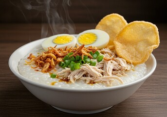 Steaming Chicken Congee with Egg, Crispy Shallots, and Rice Crackers on Wooden Table