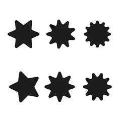 Star gear icons. Solid silhouette shapes. Vector black forms. Simple element set.