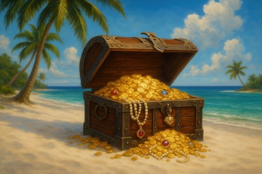Pirate treasure chest overflowing with gold coins on tropical island beach with palm trees and ocean backdrop