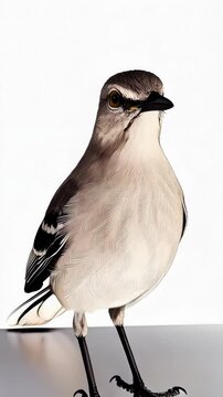 Isolated northern mockingbird on a white background with gray and white feathers, black beak and feet, yellow eyes standing and looking left.
