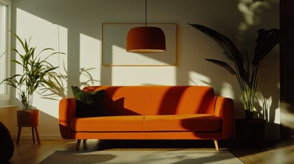 An orange sofa and house plants inside a sunny living room