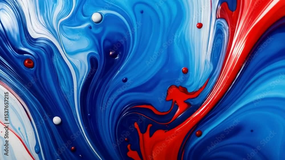 Poster dynamic fluid art background with swirling red, white, and blue paint creating an abstract motion pa