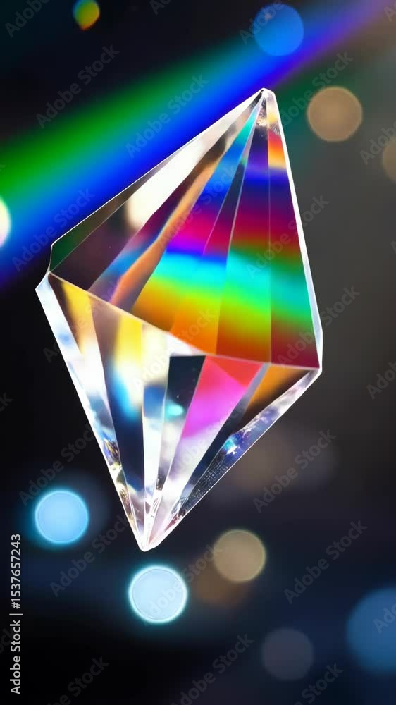 Poster abstract clear diamond prism reflecting rainbow light rays with bokeh effect background