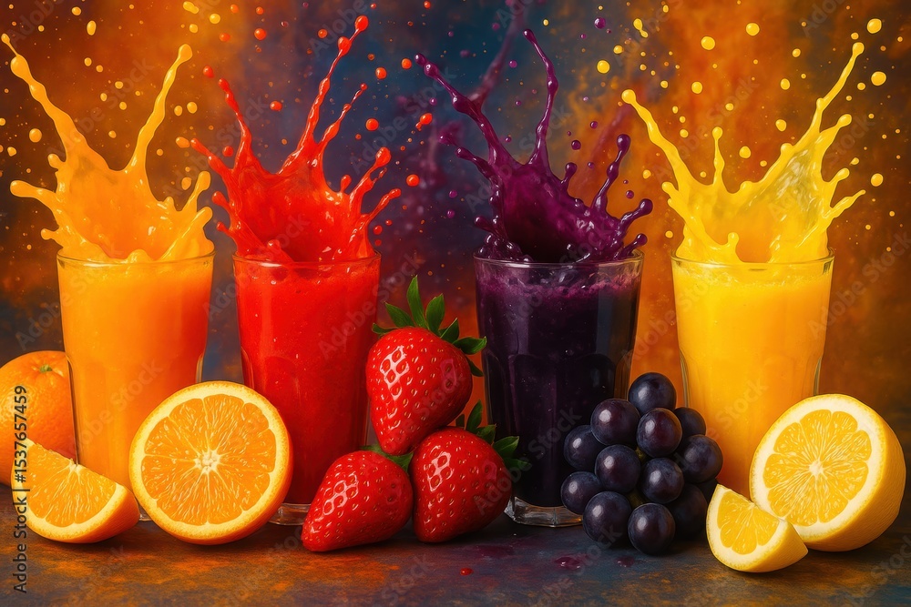 Poster vibrant fruit juice splash variations with multiple colors creating dynamic beverage photography for