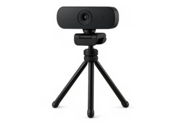 Black webcam standing on a tripod, ready for video conferencing or streaming, on transparent background
