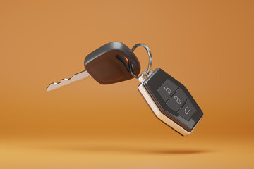 Car key with remote control on orange background. 3D illustration.