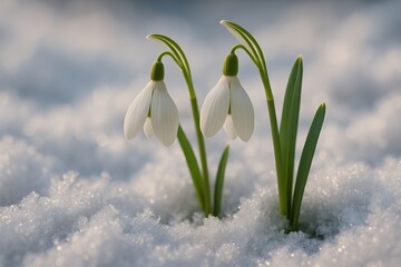 White snowdrop flowers blooming through snow with delicate petals representing spring awakening and seasonal renewal