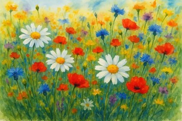 Obraz premium Vibrant wildflower meadow painting with blooming petals in watercolor style against bright blue sky backdrop