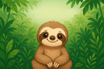 Obraz premium Adorable cartoon sloth character with space for text in tropical jungle setting for children's design
