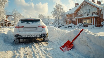 Car and snow shovel after heavy snowfall in countryside.