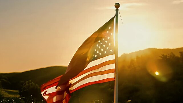 closeup American flag waving wind sunset symbolizing national pride celebrations such 4th July Memorial Day Veterans presented stunning slowmotion 4K