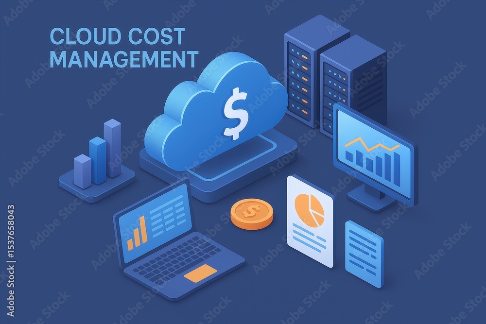 Aufkleber cloud cost management 3d illustration with digital technology and data center infrastructure for bus