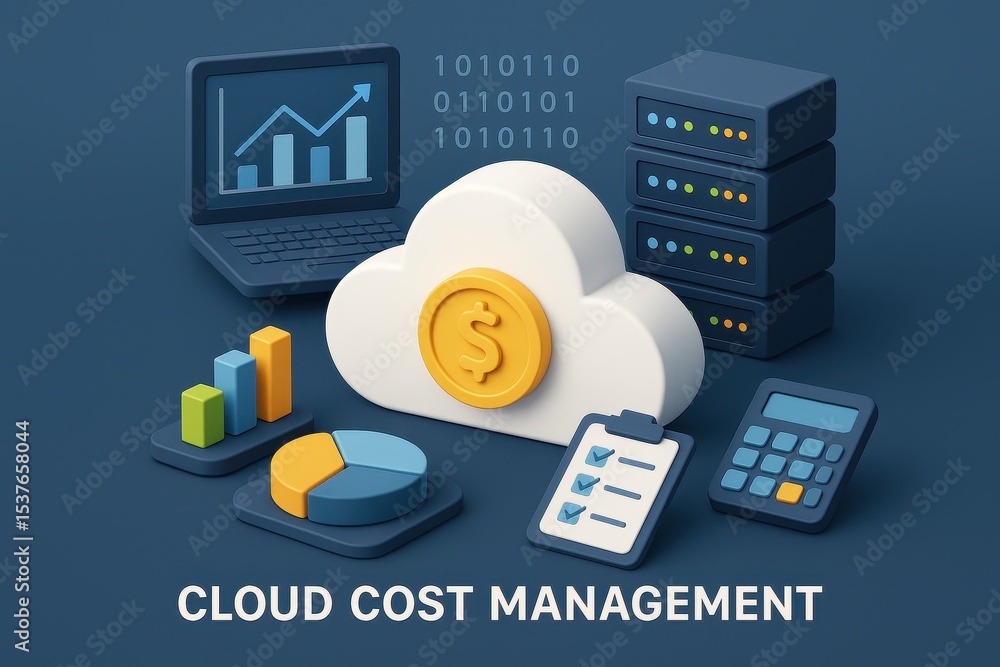 Aufkleber cloud cost management 3d illustration with digital technology and data center infrastructure for bus