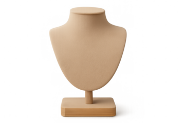 Beige jewelry mannequin torso resting on wooden base, displaying necklace and pendant presentation against clean transparent backdrop