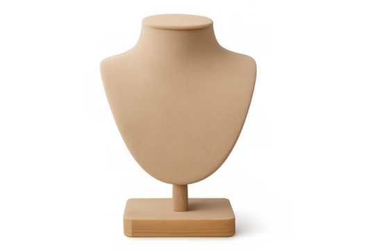 Beige jewelry mannequin torso resting on wooden base, displaying necklace and pendant presentation against clean transparent backdrop