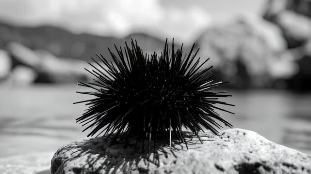 Monochrome image of Sea Urchin sitting on a Rock, ocean background, spikes, blurred background, nature photography, underwater wildlife.