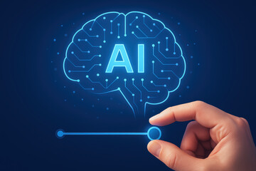 Artificial intelligence concept with human hand turning on automatic ai task switch for smart technology innovation