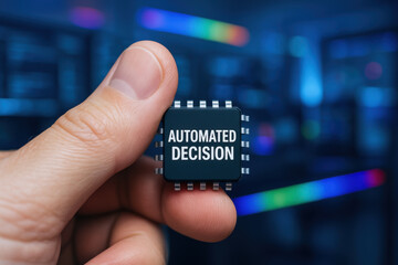 Automated ai task concept with microchip held between fingers symbolizing decision making in technology and innovation for efficient processes