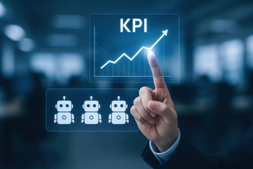 Automated ai task concept with hand pointing at kpi graph and robot icons representing automatic process and performance growth