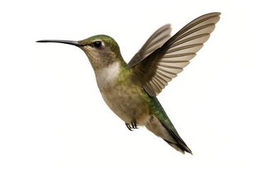 Fototapeta premium Hummingbird In Flight Isolated On White Background With Detailed Wings And Graceful Bird Movement For Wildlife Nature Photography