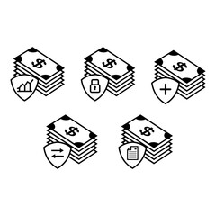 Solid icon set of dollar bills with shield symbols representing protection, security, growth, and financial management concepts.