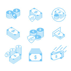 Collection of 9 blue-colored financial icons featuring cash, coins, currency exchange, ATM withdrawal, and secure financial growth elements in a modern flat style.