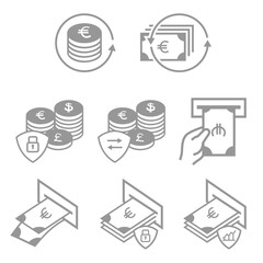 Set of 9 gray-themed financial icons featuring coins, paper money, secure transactions, and ATM interactions with euro, dollar, and pound symbols.