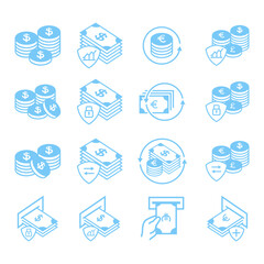 Collection of 16 blue financial icons, featuring coins, banknotes, currency symbols, and transaction visuals in a minimal flat style on white background.