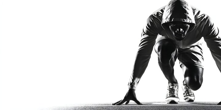 Athlete performing a starting stance in a track and field event during a sunny afternoon practice session