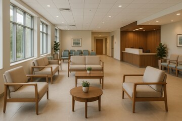 Modern hospital lobby design with sleek contemporary architecture and comfortable patient areas creating welcoming healthcare environment