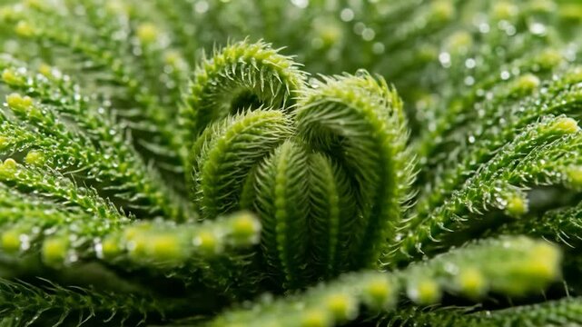 Close-up of a Vibrant Green Clubmoss Plant with Water Droplets in a Lush Garden Setting